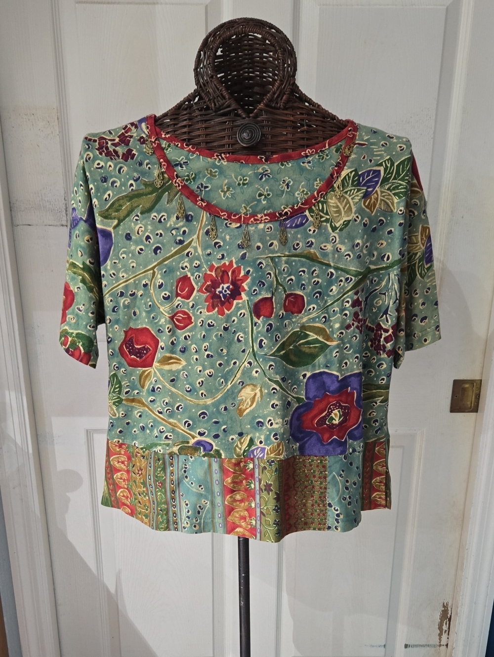 Carole Little Teal Floral Patchwork Short Sleeve Embellished Blouse-Size L